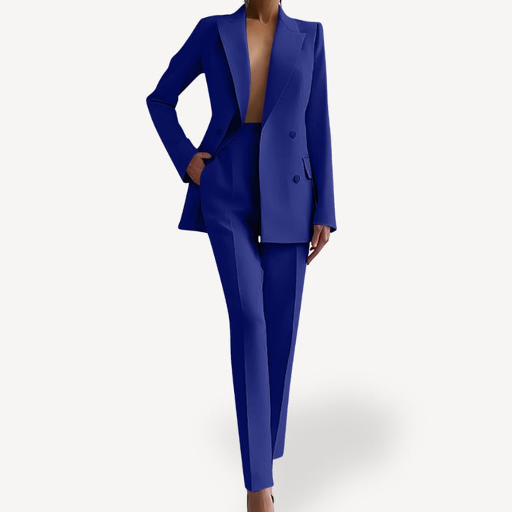 Women's Formal Double-Breasted Tailored Blazer Suit Set - Blue