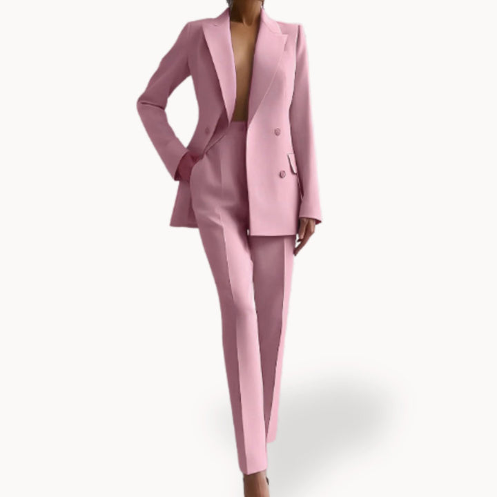 Women's Formal Double-Breasted Tailored Blazer Suit Set - Pink