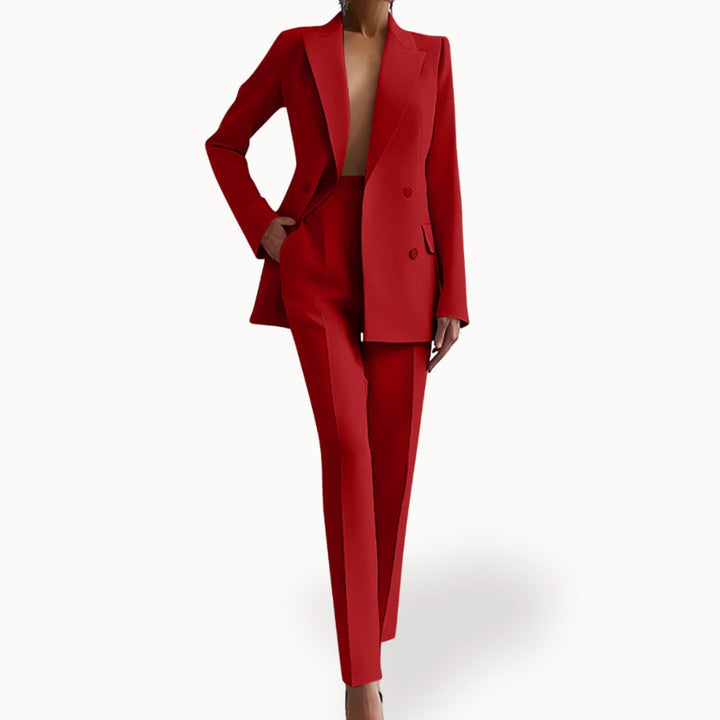 Women's Formal Double-Breasted Tailored Blazer Suit Set - Red