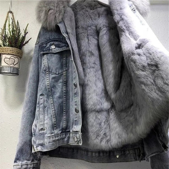 Women's Fur-Lined Winter Denim Jacket Faux Fur Collar
