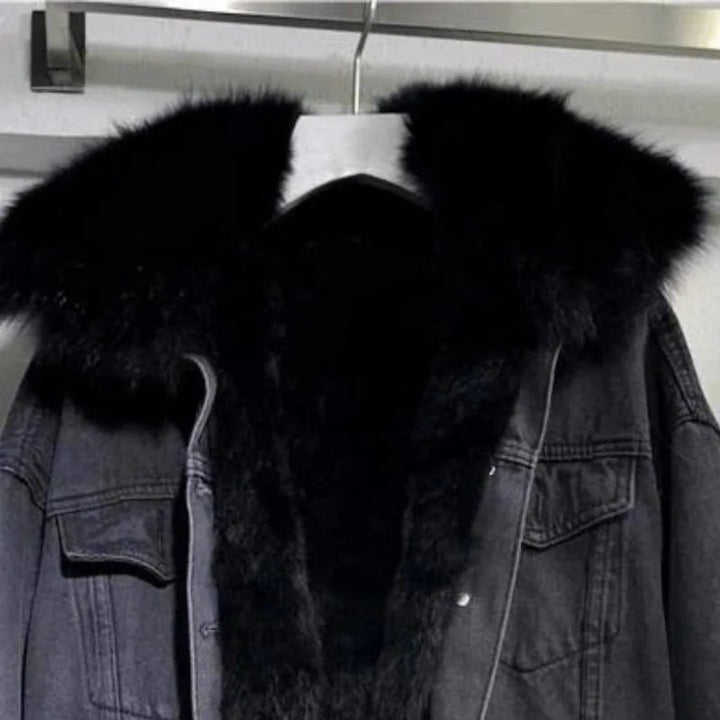 Women's Fur-Lined Winter Denim Jacket Faux Fur Collar