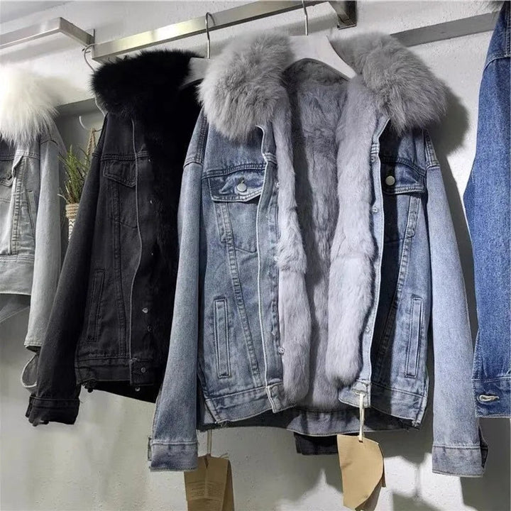 Women's Fur-Lined Winter Denim Jacket Faux Fur Collar