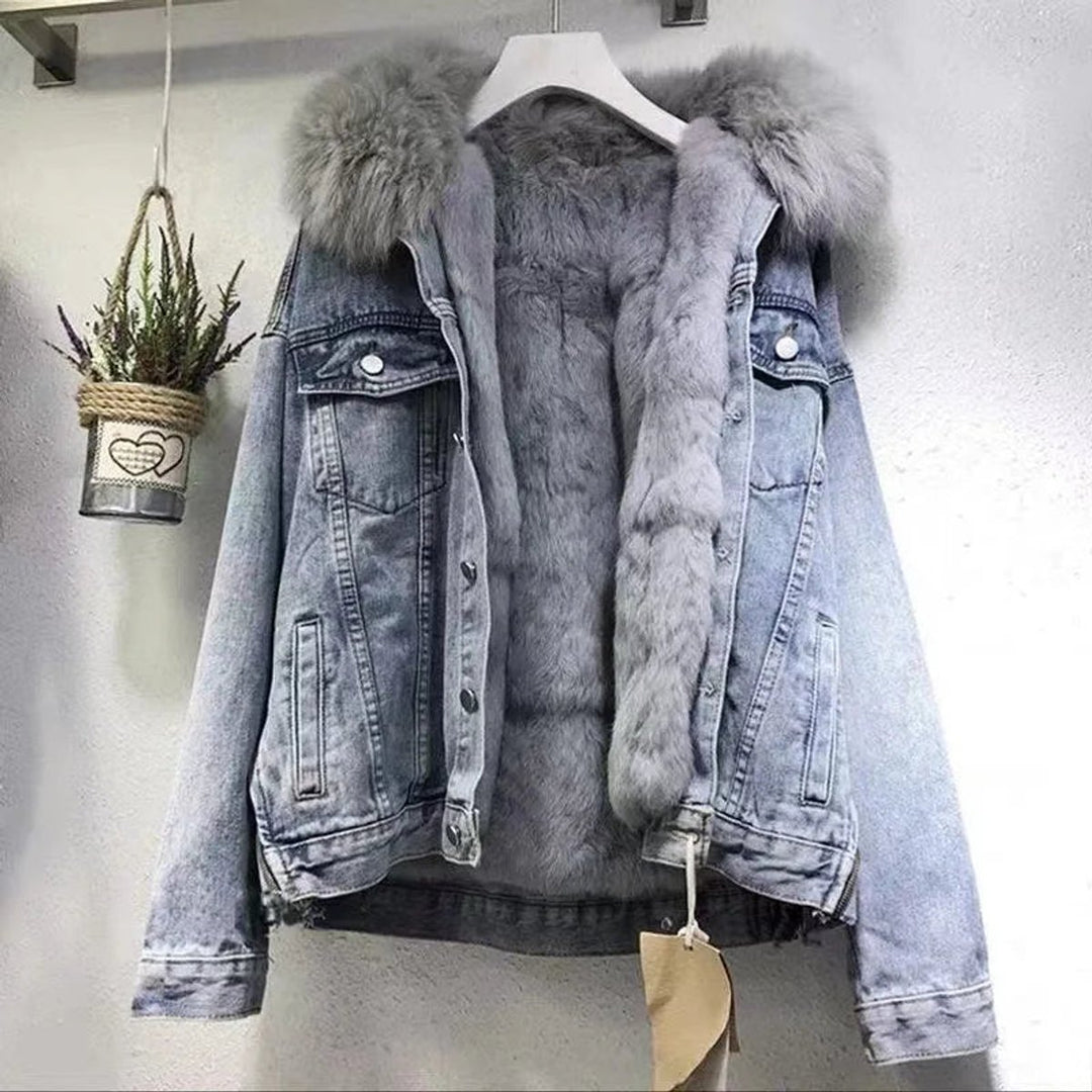 Women's Fur-Lined Winter Denim Jacket Faux Fur Collar