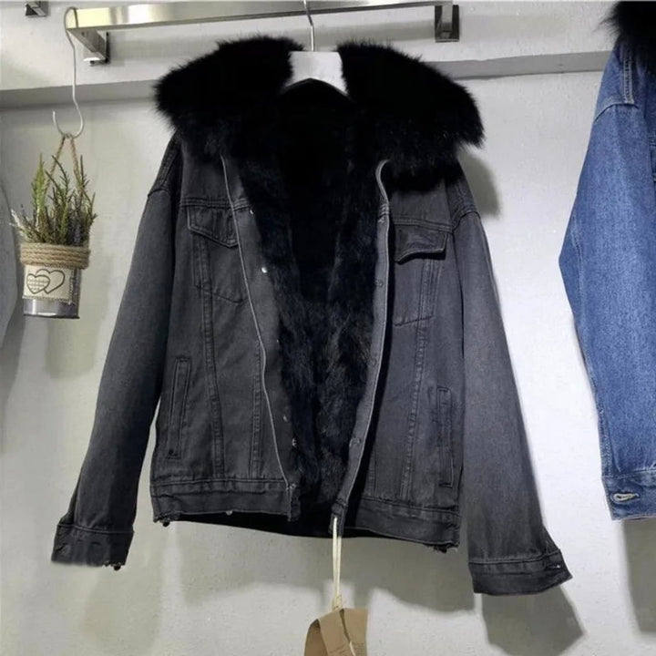 Women's Fur-Lined Winter Denim Jacket Faux Fur Collar