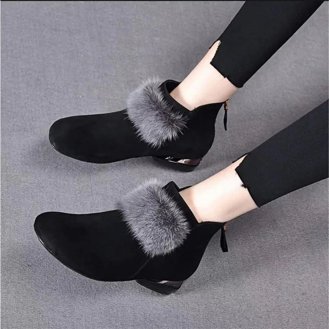 Women's Fur-Trim Suede High-Heel Ankle Boots Back-Zip