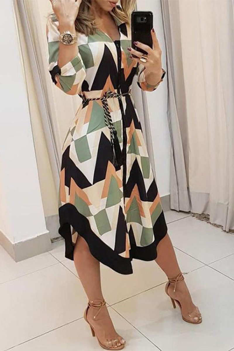 Women's Geometric Print Button-Down Fall Midi Dress Chain Belt