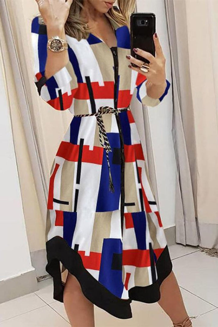Women's Geometric Print Button-Down Fall Midi Dress Chain Belt