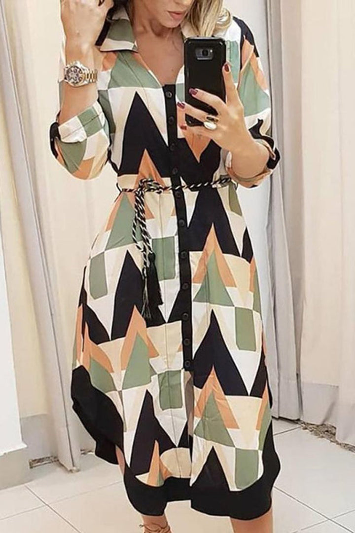Women's Geometric Print Button-Down Fall Midi Dress Chain Belt