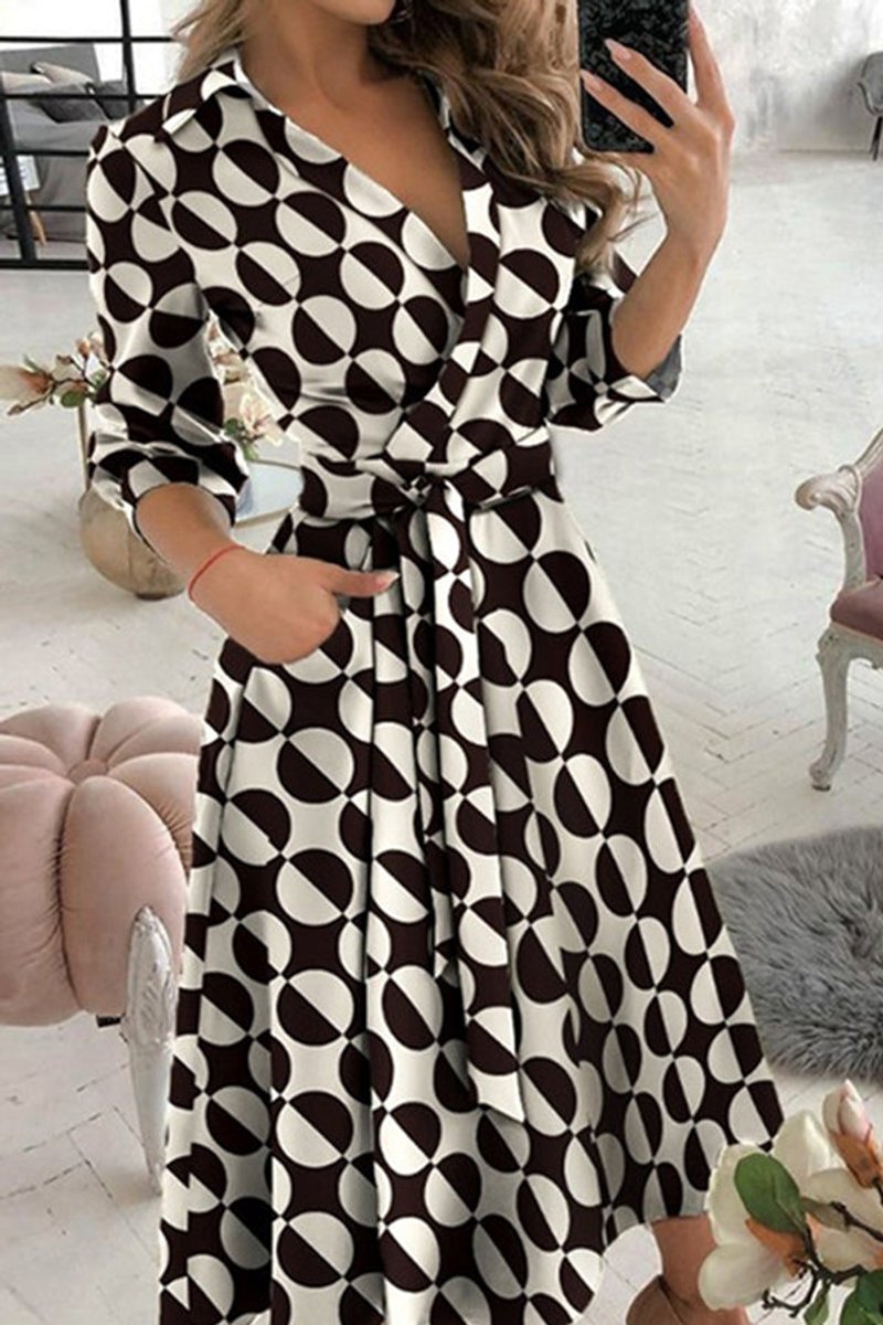 Women's Geometric Print Button-Down Fall Midi Dress Chain Belt