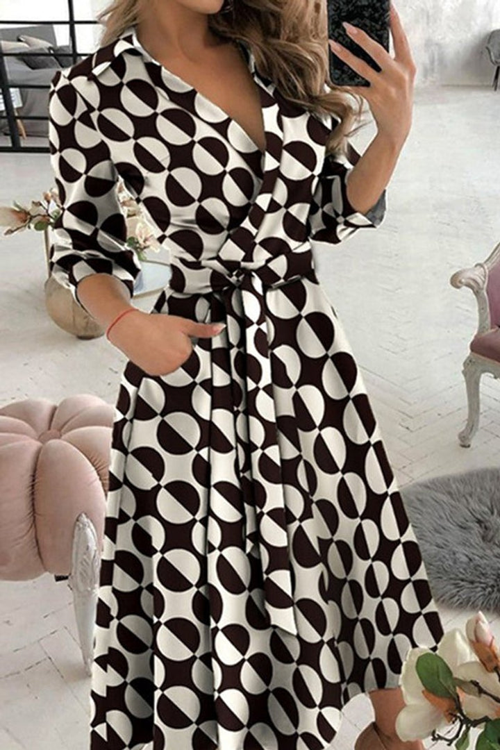Women's Geometric Print Button-Down Fall Midi Dress Chain Belt
