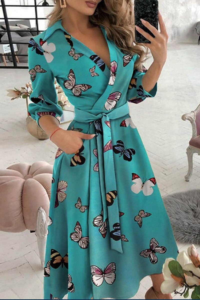 Women's Geometric Print Button-Down Fall Midi Dress Chain Belt
