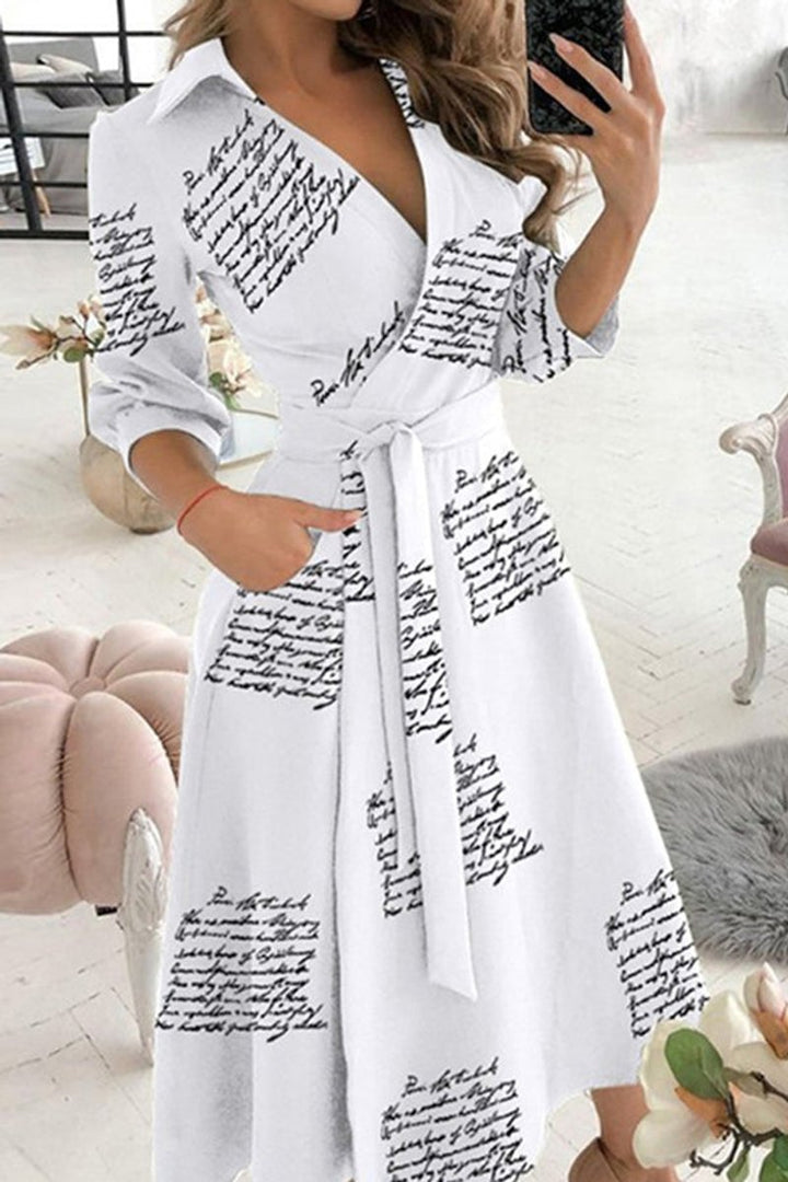 Women's Geometric Print Button-Down Fall Midi Dress Chain Belt