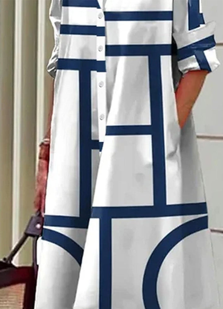 Women's Geometric Print Button-Down Fall Midi Dress Pockets