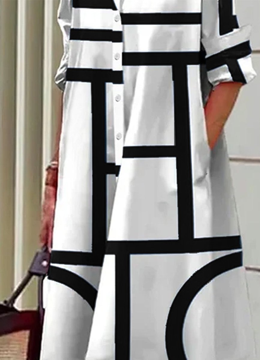 Women's Geometric Print Button-Down Fall Midi Dress Pockets
