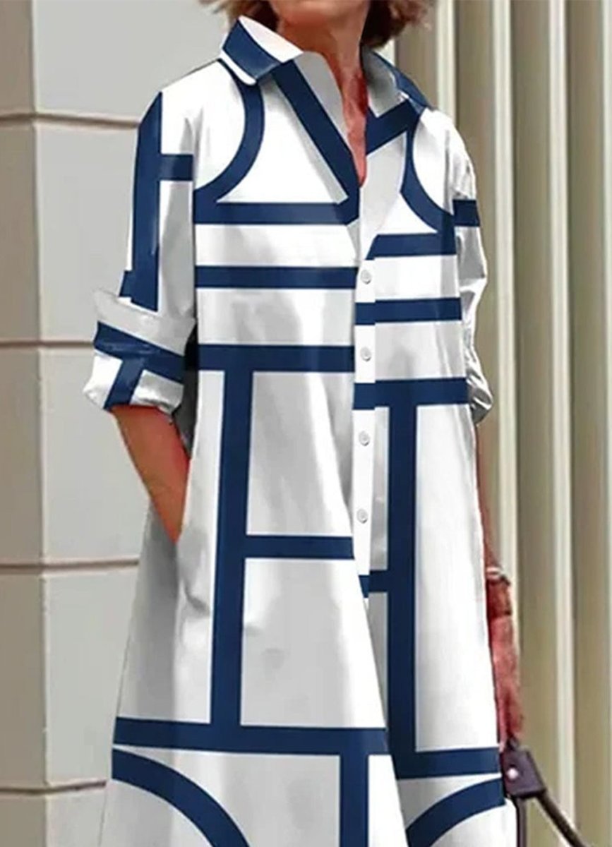Women's Geometric Print Button-Down Fall Midi Dress Pockets