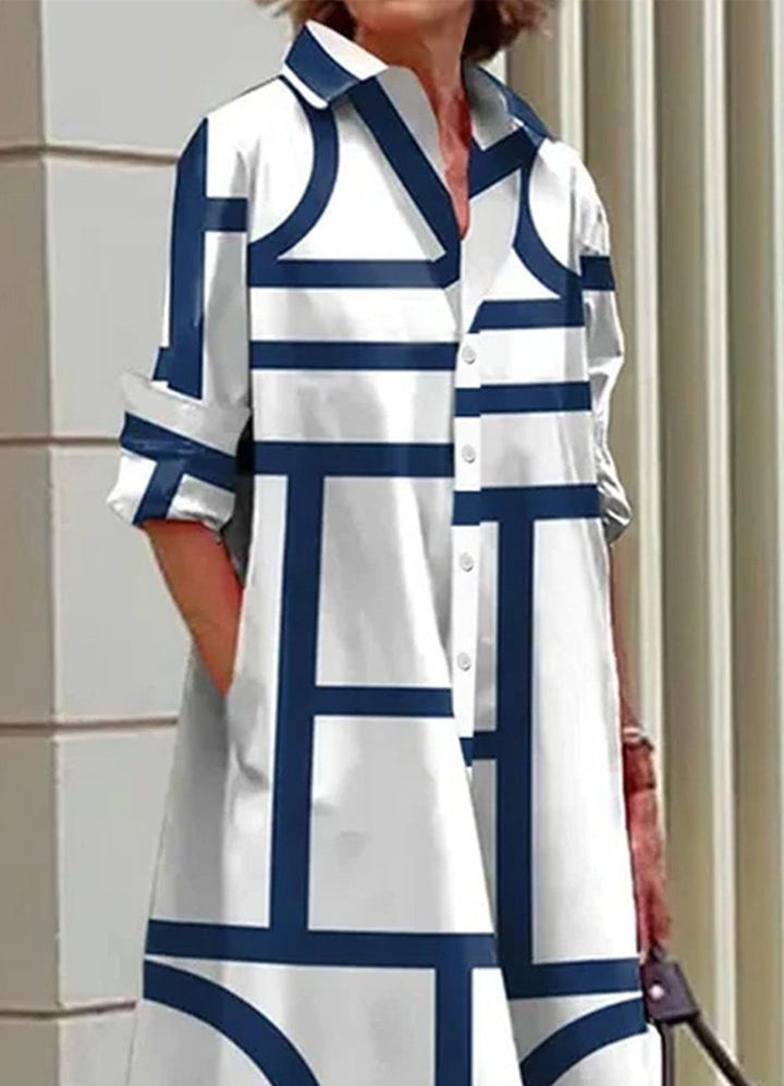 Women's Geometric Print Button-Down Fall Midi Dress Pockets