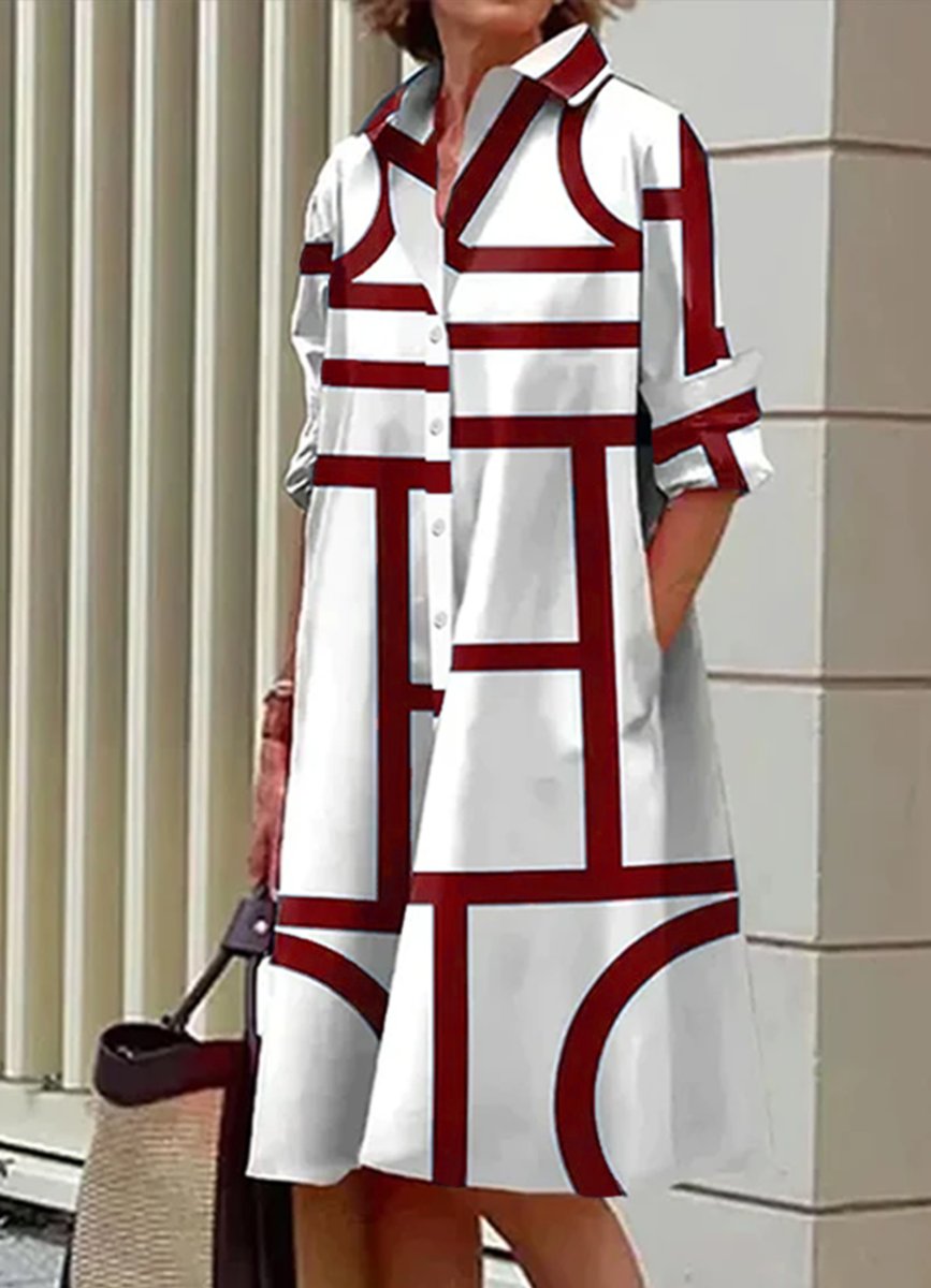 Women's Geometric Print Button-Down Fall Midi Dress Pockets