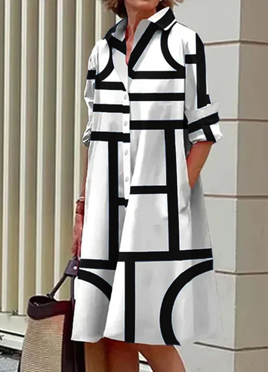 Women's Geometric Print Button-Down Fall Midi Dress Pockets