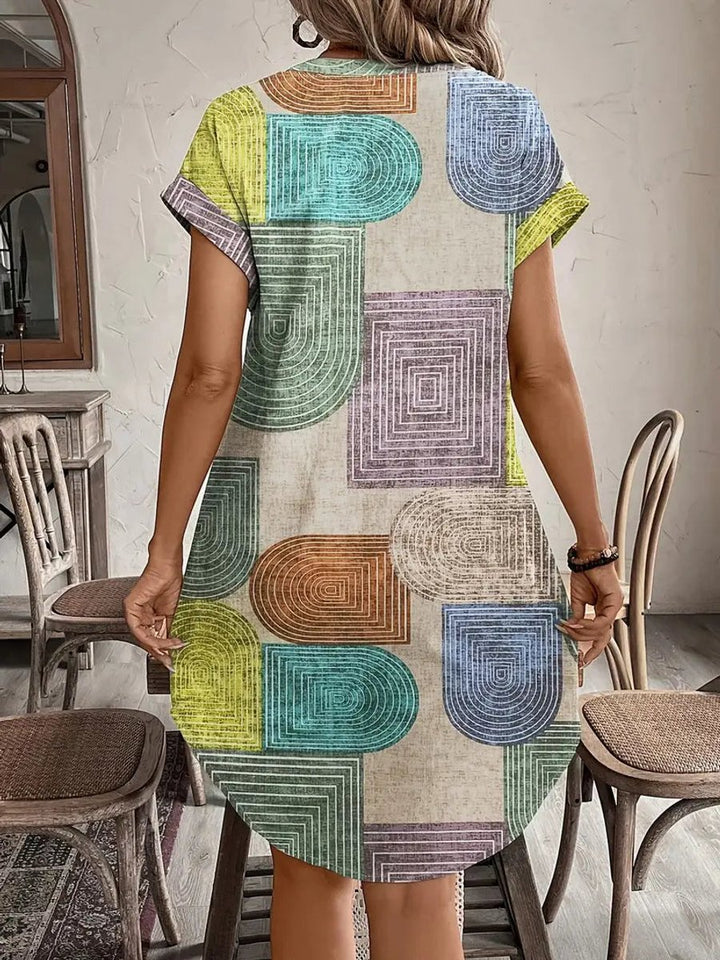Women's Geometric Print Button-Down Fall Midi Dress V-Neck