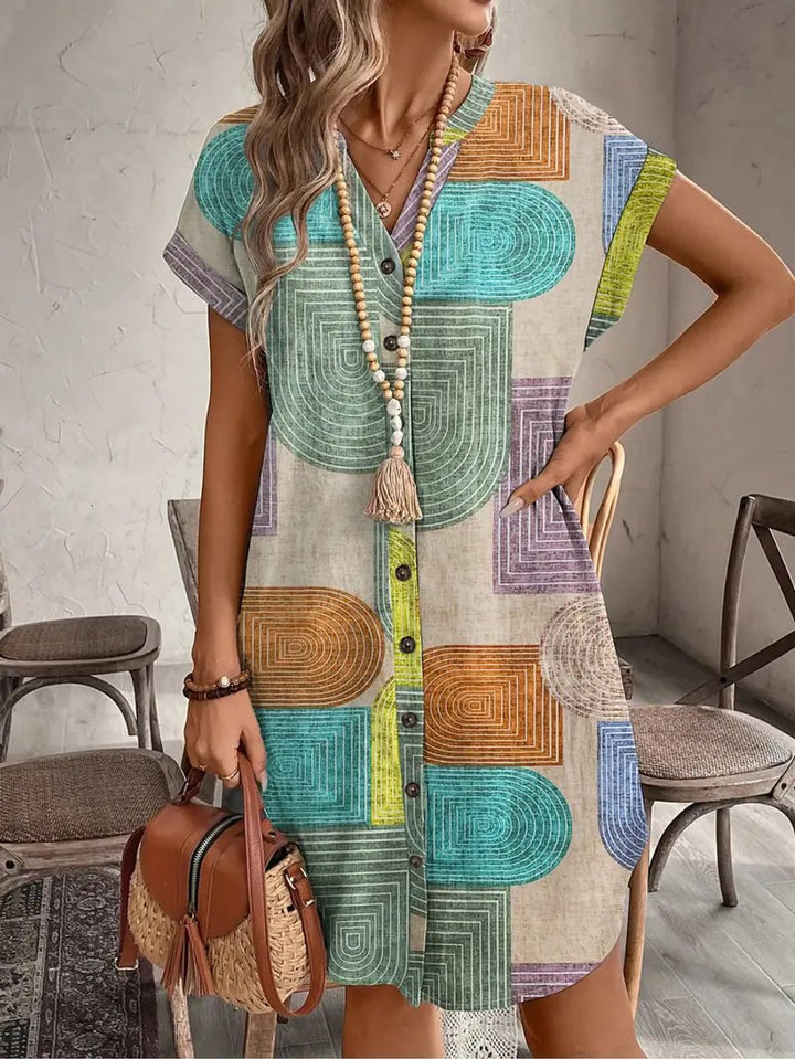 Women's Geometric Print Button-Down Fall Midi Dress V-Neck