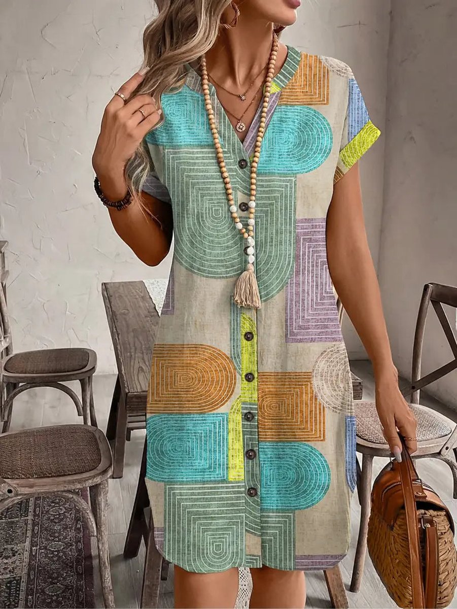 Women's Geometric Print Button-Down Fall Midi Dress V-Neck