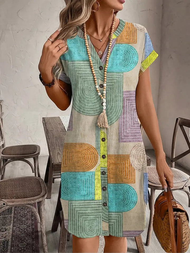Women's Geometric Print Button-Down Fall Midi Dress V-Neck