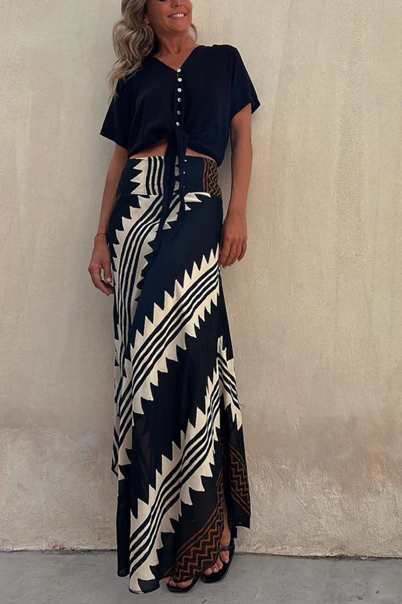 Women's Geometric Print High-Waist Fall Wedding Guest Dress Maxi Skirt