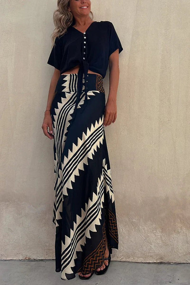 Women's Geometric Print High-Waist Fall Wedding Guest Dress Maxi Skirt