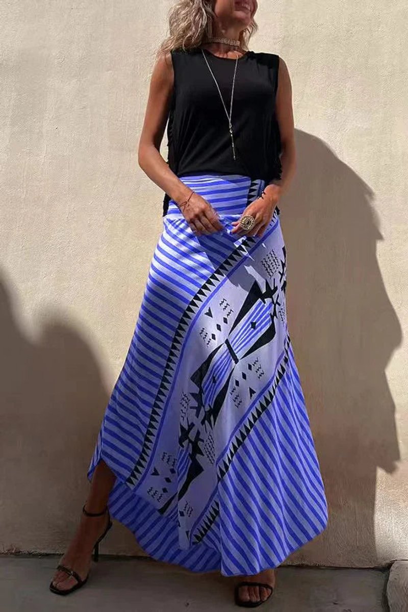 Women's Geometric Print High-Waist Fall Wedding Guest Dress Maxi Skirt