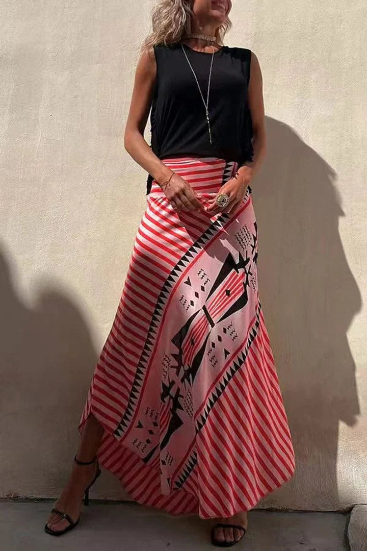 Women's Geometric Print High-Waist Fall Wedding Guest Dress Maxi Skirt