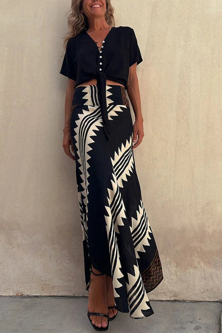 Women's Geometric Print High-Waist Fall Wedding Guest Dress Maxi Skirt