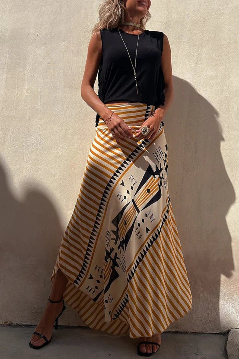 Women's Geometric Print High-Waist Fall Wedding Guest Dress Maxi Skirt