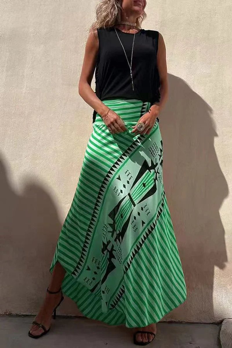 Women's Geometric Print High-Waist Fall Wedding Guest Dress Maxi Skirt