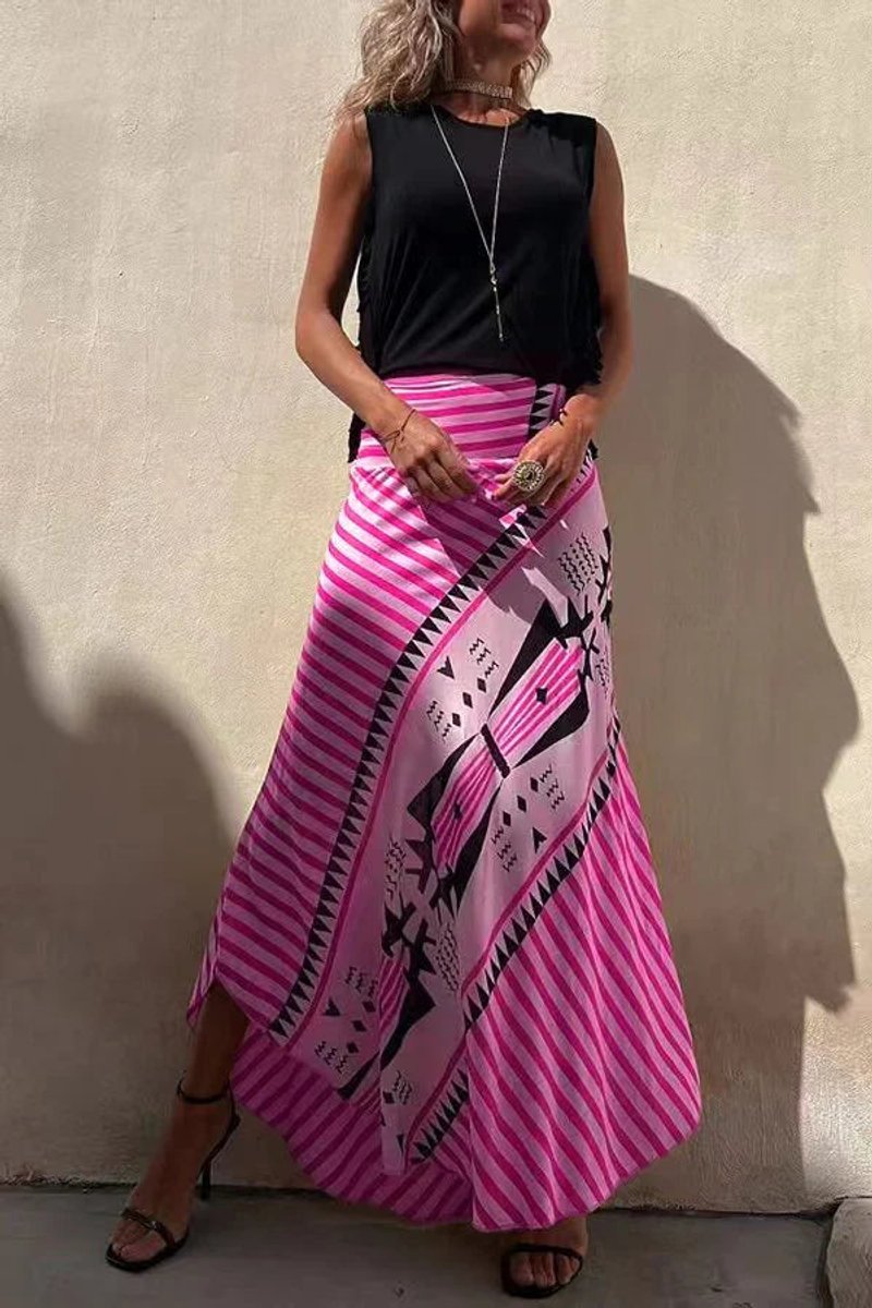 Women's Geometric Print High-Waist Fall Wedding Guest Dress Maxi Skirt