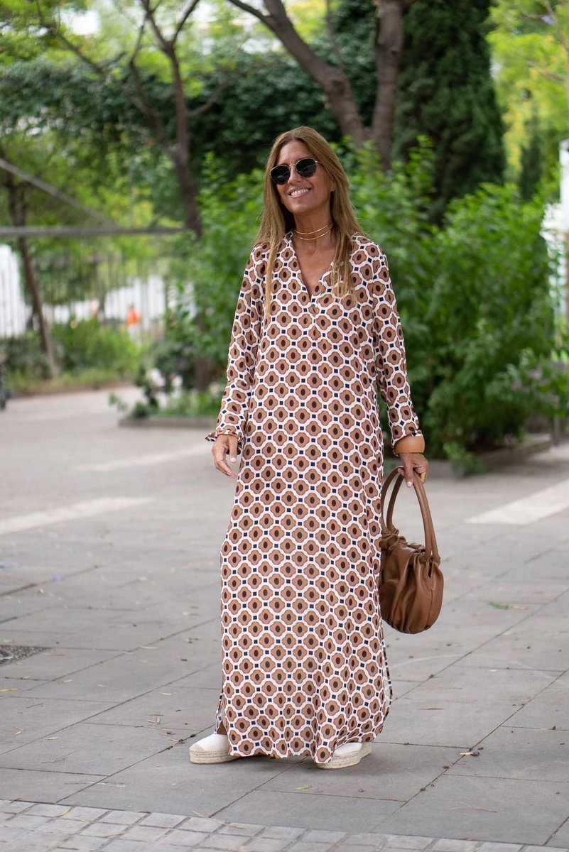 Women's Geometric Print Long-Sleeve Fall Midi Dress