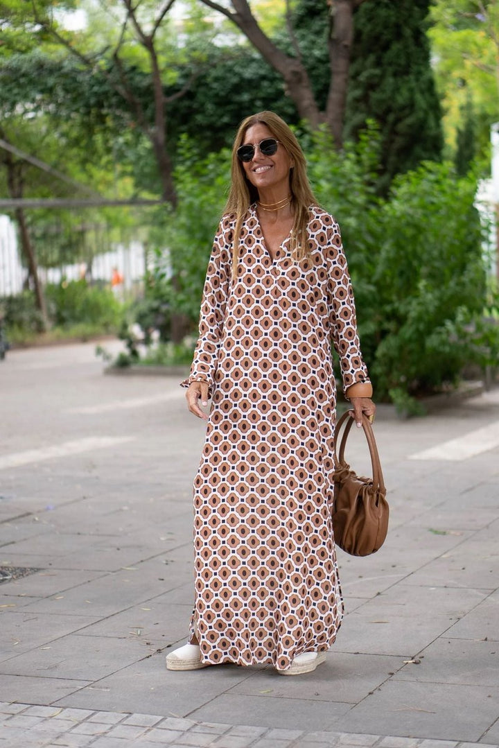 Women's Geometric Print Long-Sleeve Fall Midi Dress