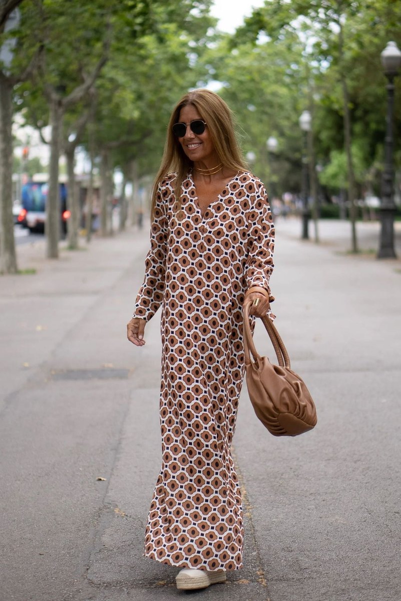 Women's Geometric Print Long-Sleeve Fall Midi Dress