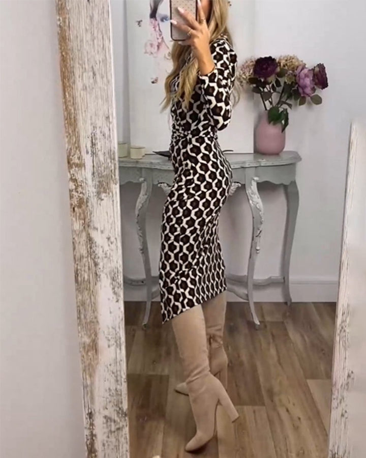 Women's Geometric Print Long Sleeve Midi Formal Dress Side Slit