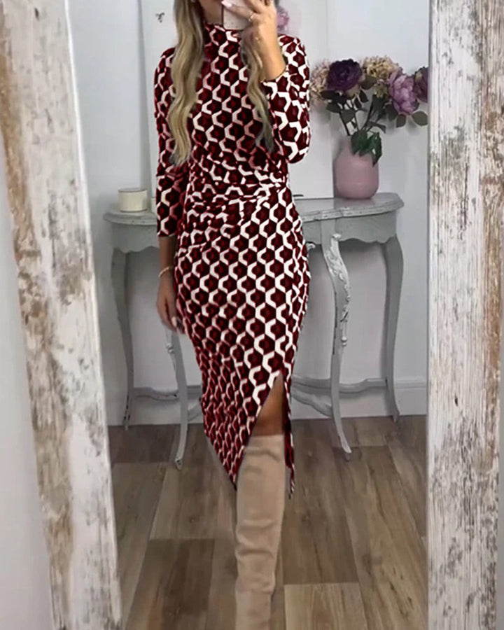 Women's Geometric Print Long Sleeve Midi Formal Dress Side Slit