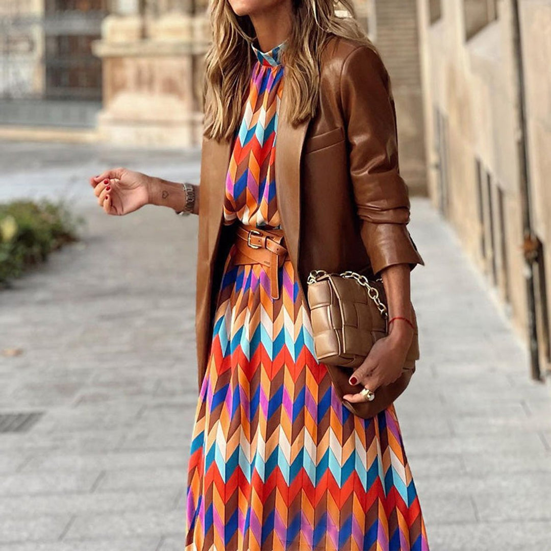 Women's Geometric Print Pleated Fall Midi Dress