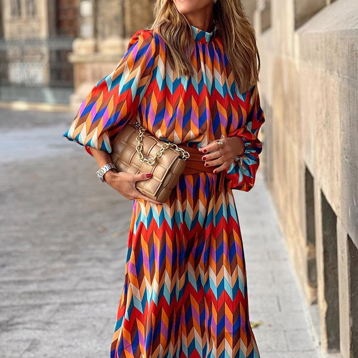 Women's Geometric Print Pleated Fall Midi Dress