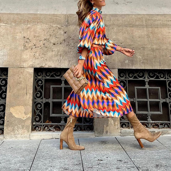 Women's Geometric Print Pleated Fall Midi Dress