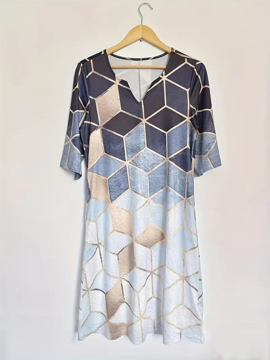 Women's Geometric Print Short Sleeve Fall Midi Dress
