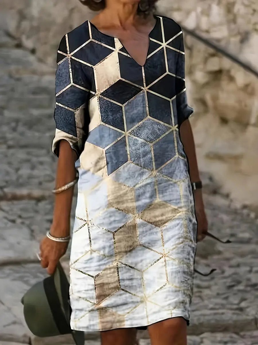 Women's Geometric Print Short Sleeve Fall Midi Dress