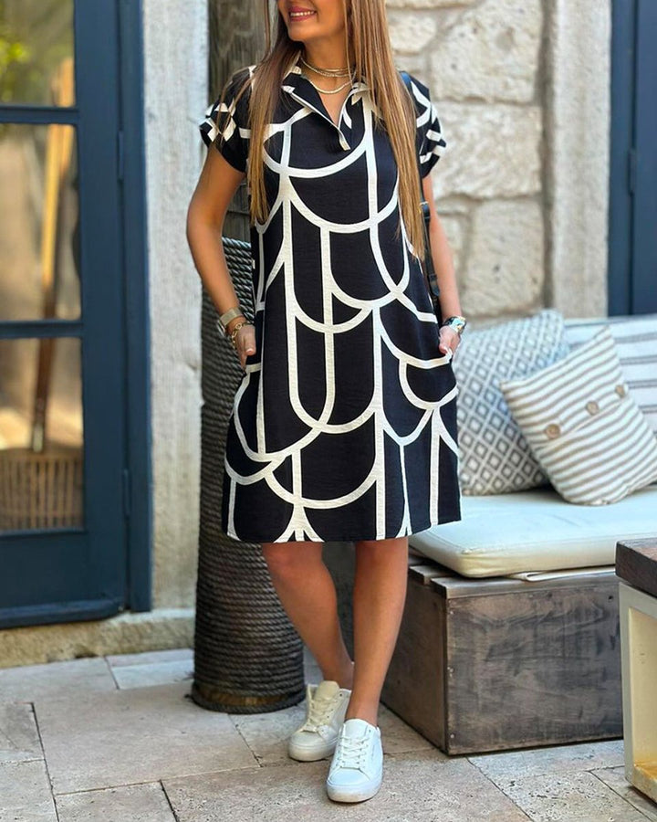 Women's Geometric Print Short-Sleeve Fall Midi Dress Collared