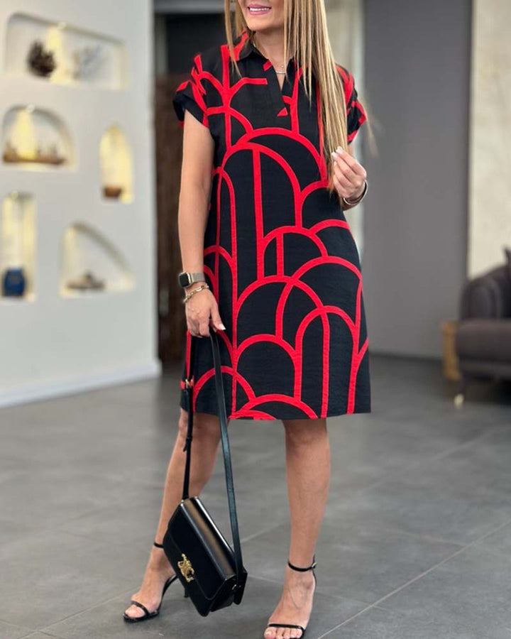 Women's Geometric Print Short-Sleeve Fall Midi Dress Collared