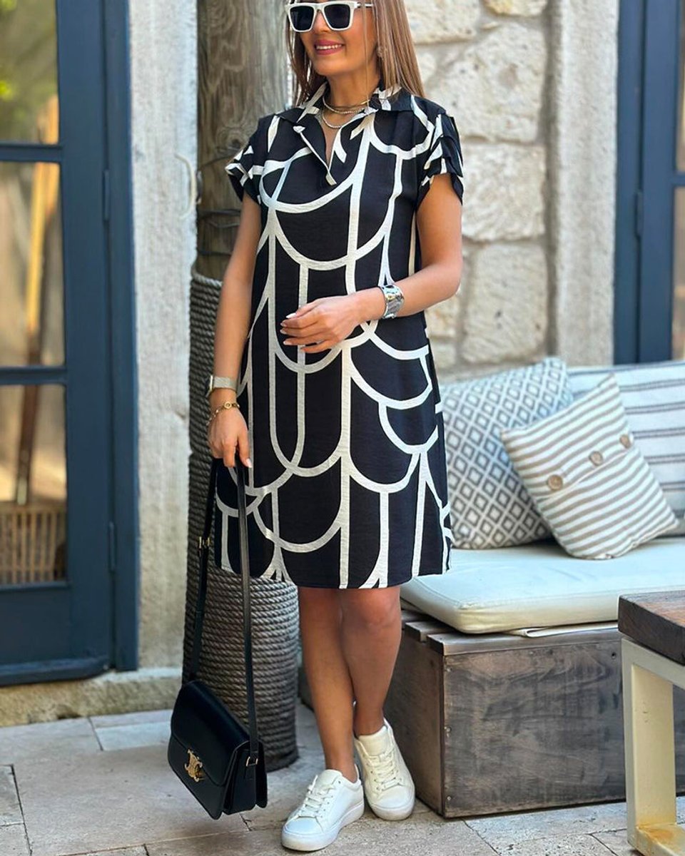 Women's Geometric Print Short-Sleeve Fall Midi Dress Collared