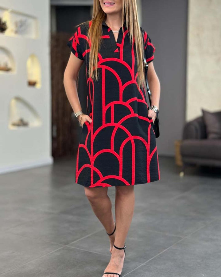 Women's Geometric Print Short-Sleeve Fall Midi Dress Collared