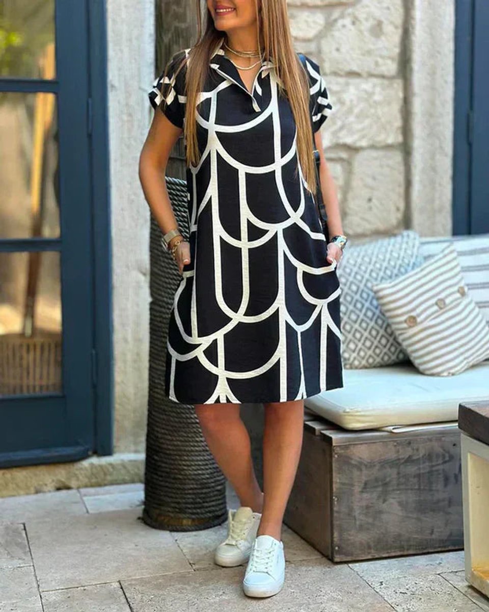 Women's Geometric Print Short Sleeve Fall Midi Dress Pockets