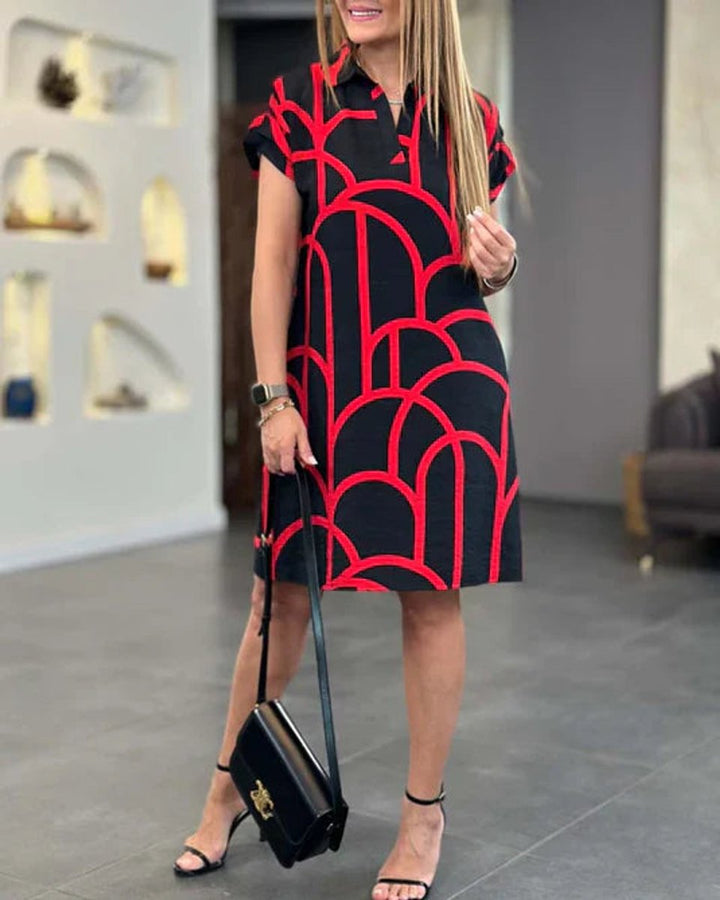 Women's Geometric Print Short Sleeve Fall Midi Dress Pockets